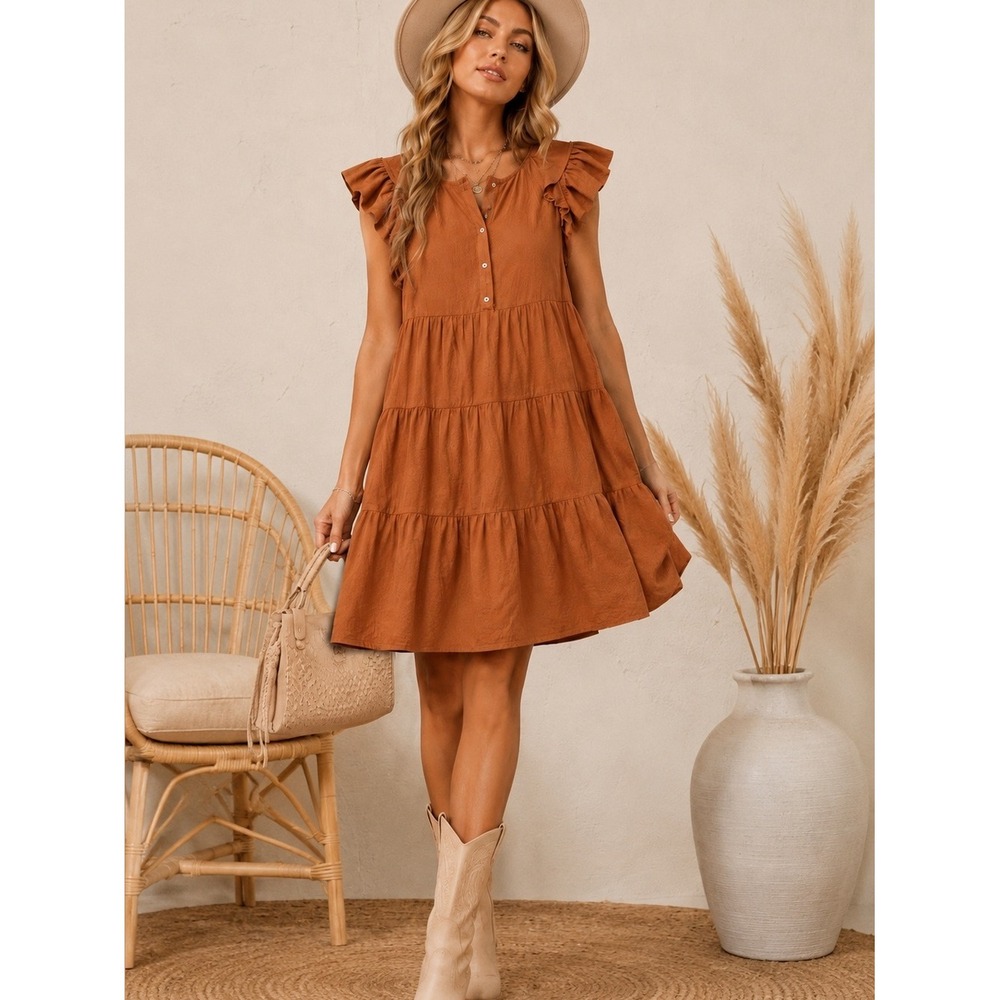 Umgee Rust Tiered Mini Dress Ruffle Sleeve Boho Cottagecore Size Small
